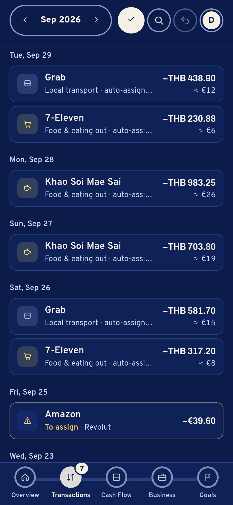 Transactions for September: a bar for each day, income above and spending below, then the list.