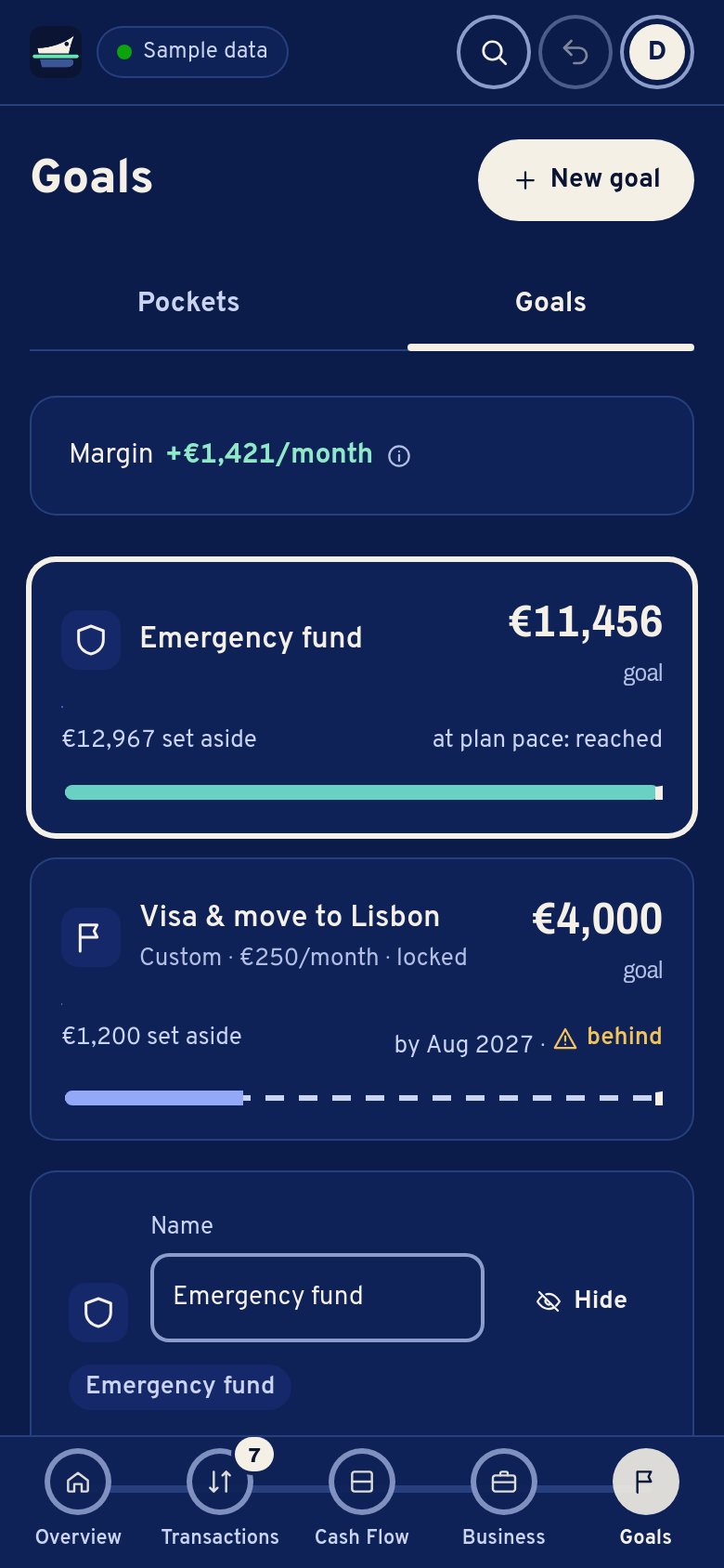 Goals on a phone: emergency fund 11,456 € at plan pace; visa and move to Lisbon 4,000 €, 1,200 € set aside, behind.