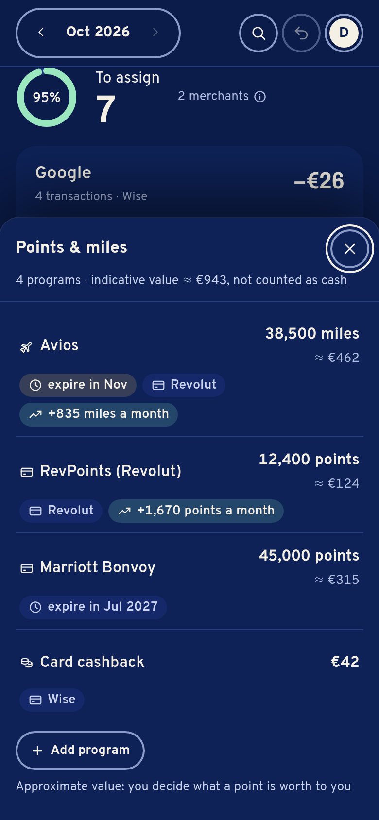 Points and miles on a phone: Avios 38,500 miles about 462 €, expiring in November; RevPoints, Marriott Bonvoy, card cashback.