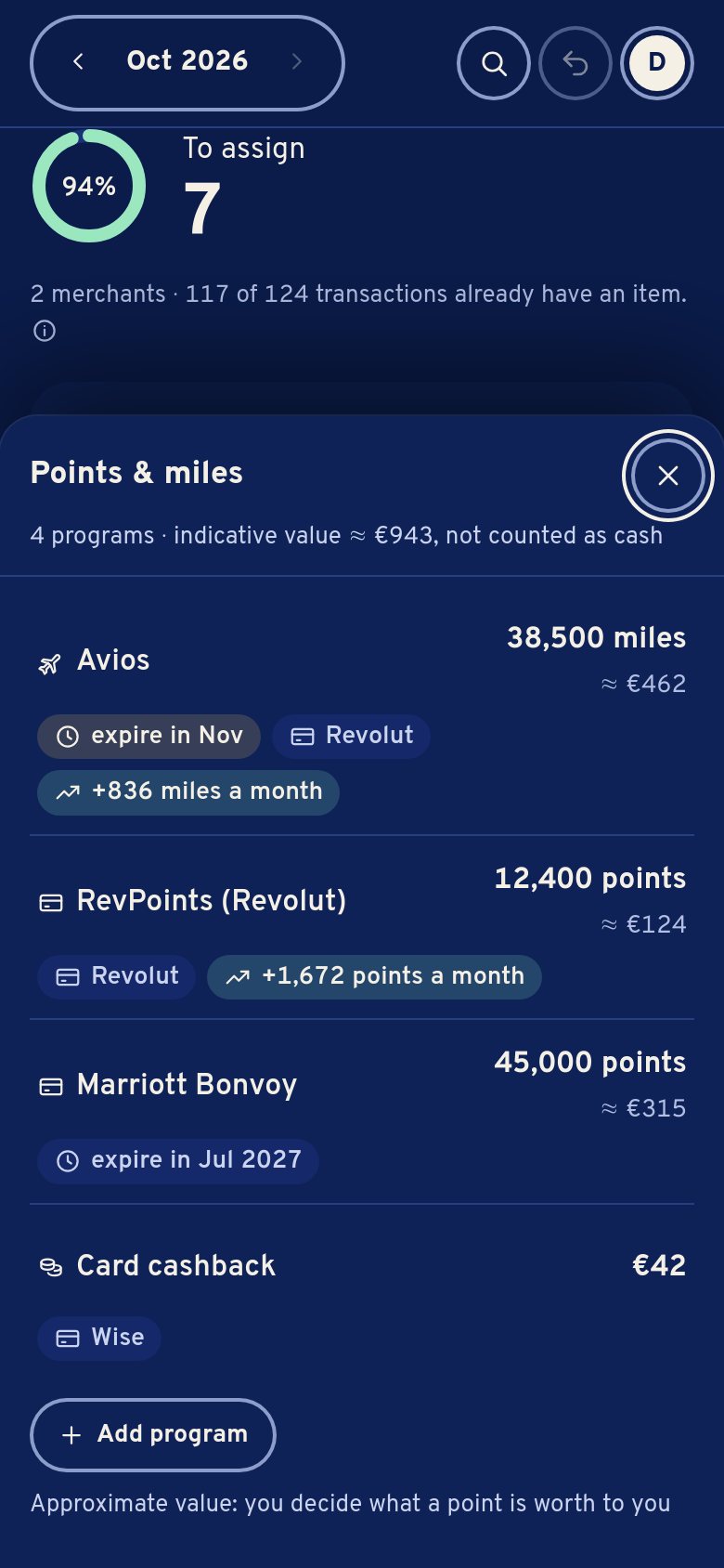 Points and miles on a phone: Avios 38,500 miles about 462 €, expiring in November; RevPoints, Marriott Bonvoy, card cashback.