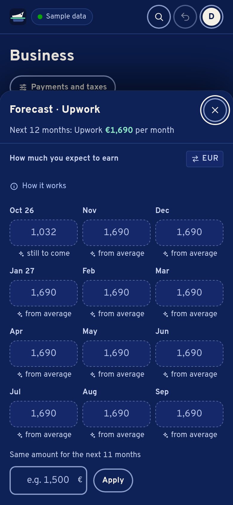Upwork forecast on a phone: twelve months with expected amounts, the current month showing what is still to come.