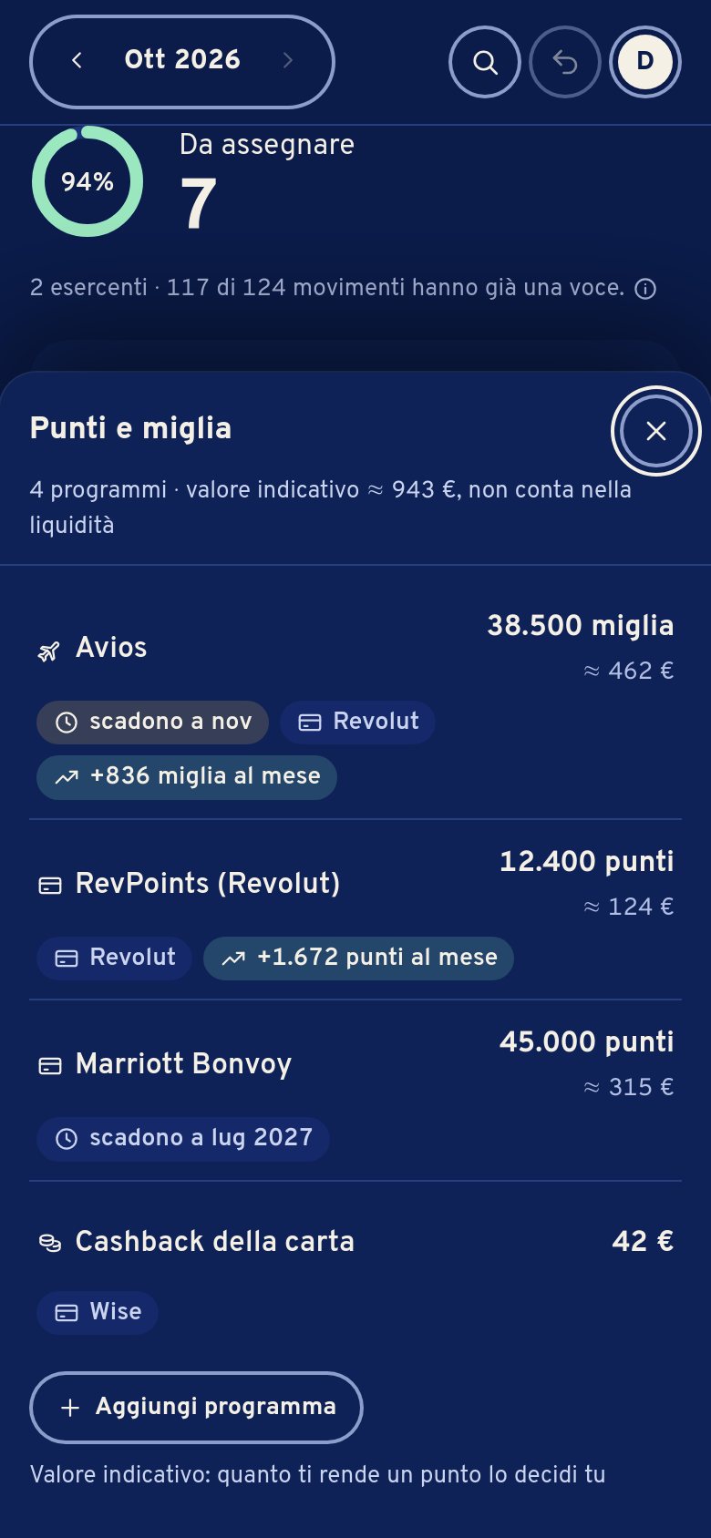 Punti e miglia sul telefono: Avios 38.500 miglia circa 462 €, scadono a novembre; RevPoints, Marriott Bonvoy, cashback della carta.