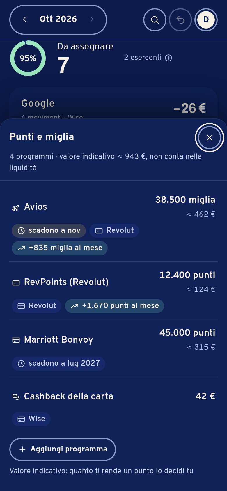 Punti e miglia sul telefono: Avios 38.500 miglia circa 462 €, scadono a novembre; RevPoints, Marriott Bonvoy, cashback della carta.