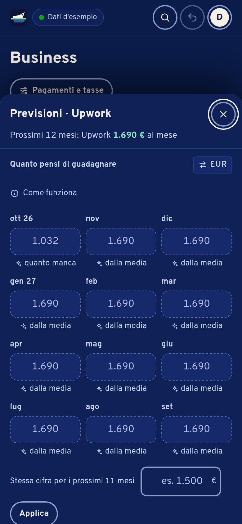 Previsioni di Upwork sul telefono: dodici mesi con gli importi previsti, il mese in corso con quanto manca.